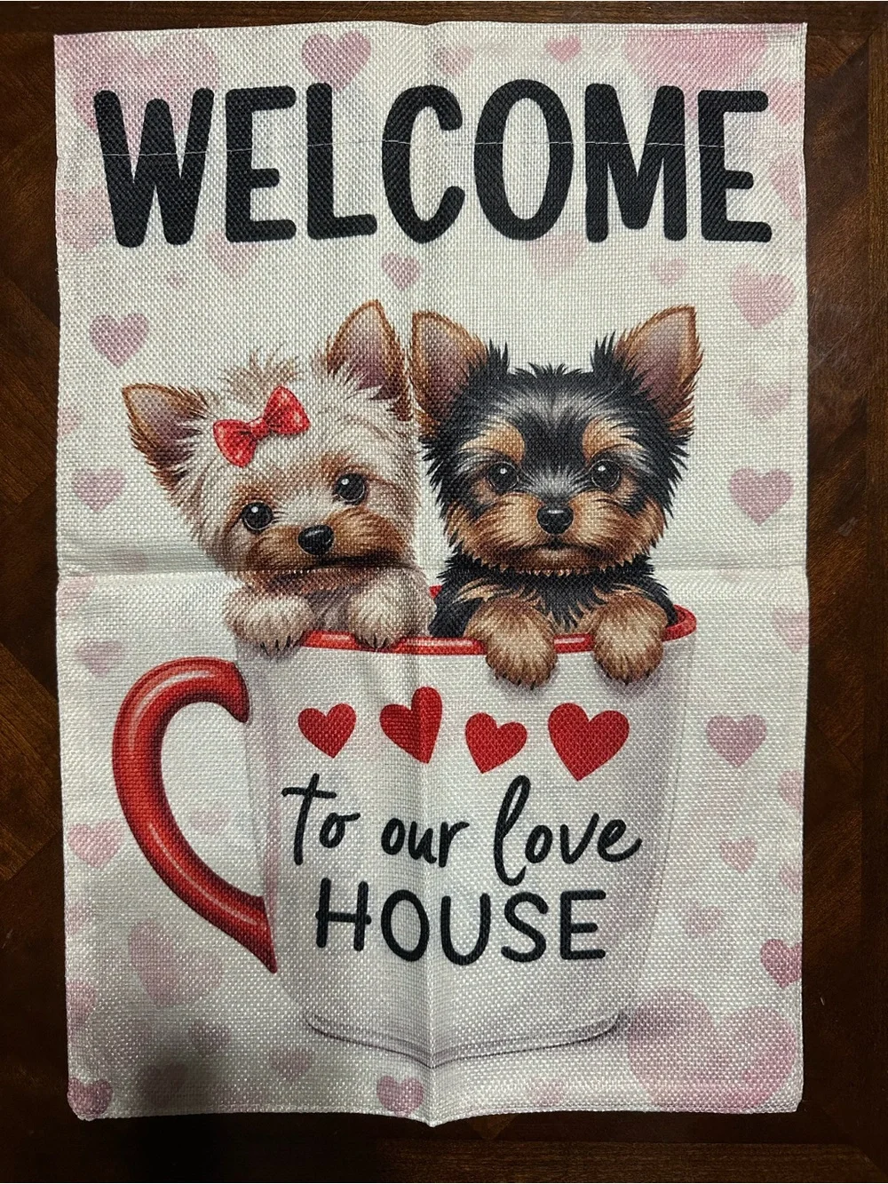 Garden Flag, Double-sided Welcome Yorkie Puppies Burlap approx 12”x18” - Picture 2 of 16